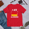 T-shirt Allemagne +49 Red vue de face, drapeau allemand
