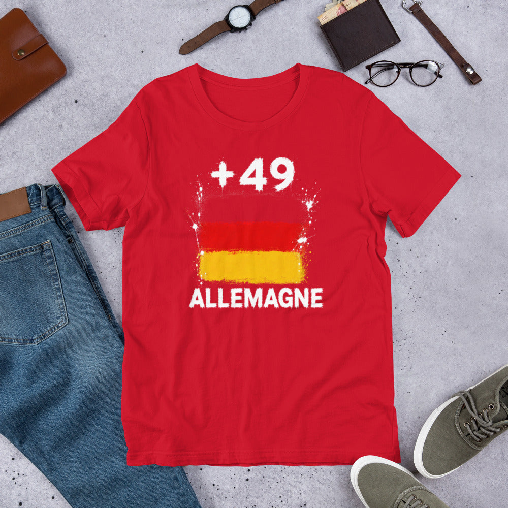 T-shirt Allemagne +49 Red vue de face, drapeau allemand