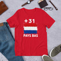 T-shirt Pays Bas +31 Red vue de face, drapeau néerlandais