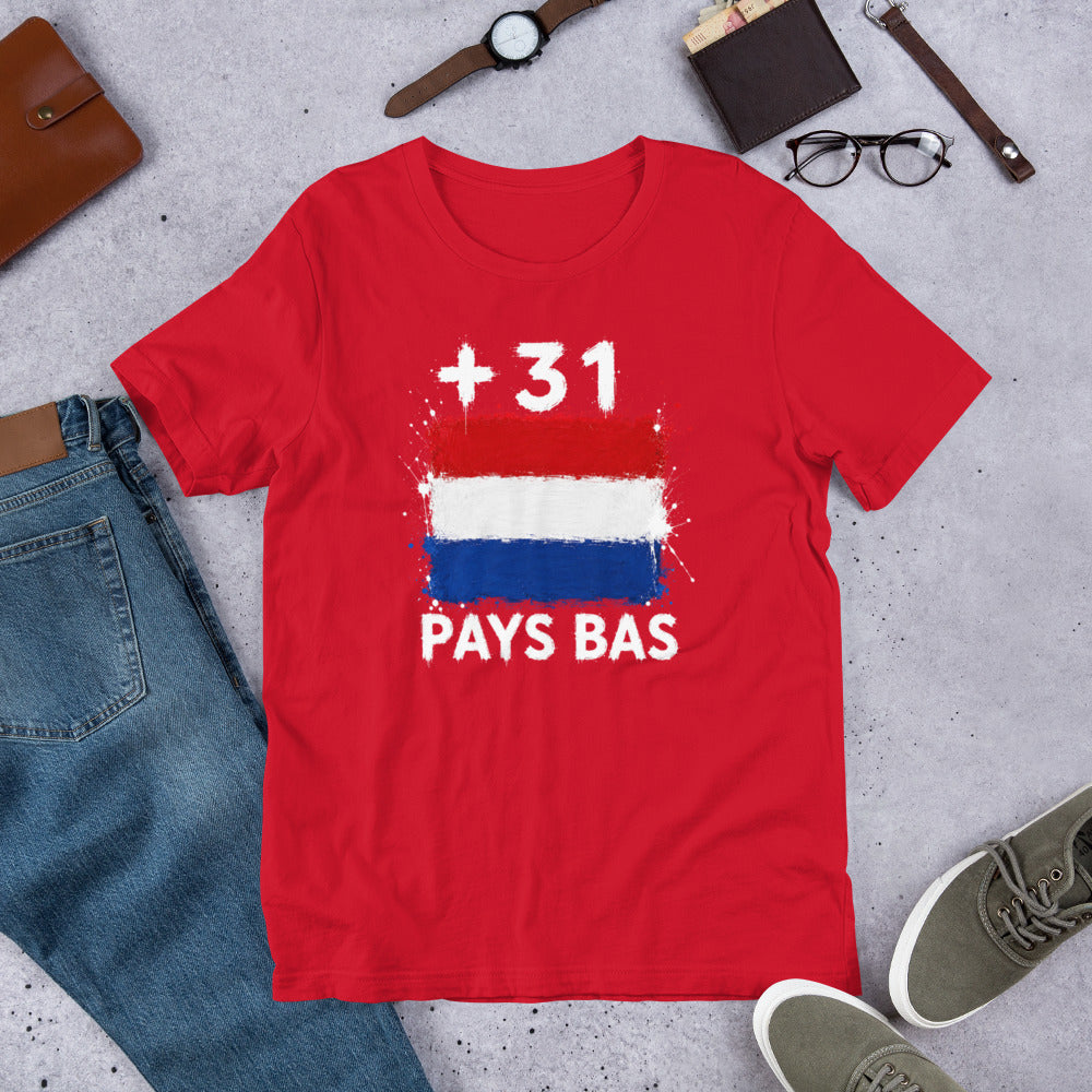 T-shirt Pays Bas +31 Red vue de face, drapeau néerlandais