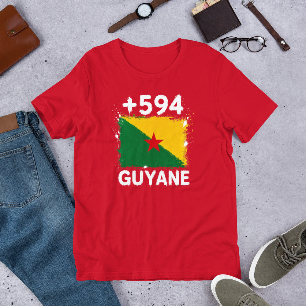 T-shirt Guyane +594 Red vue de face, drapeau guyanais