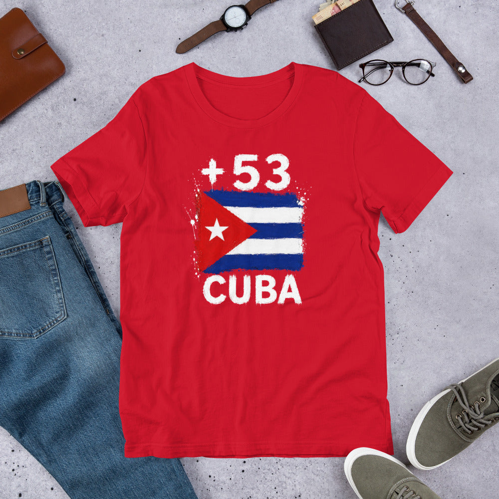 T-shirt Cuba +53 Red vue de face, drapeau cubain