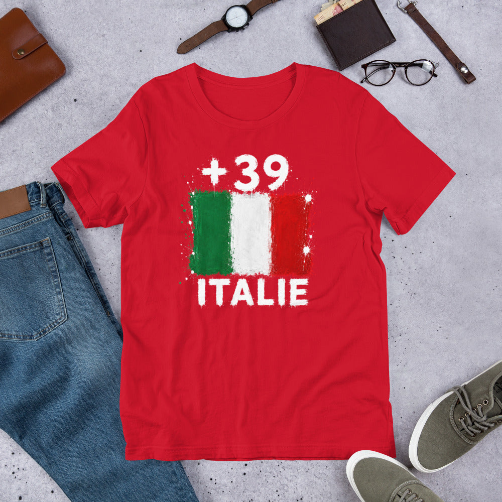 T-shirt Italie +39 Red vue de face, drapeau italien
