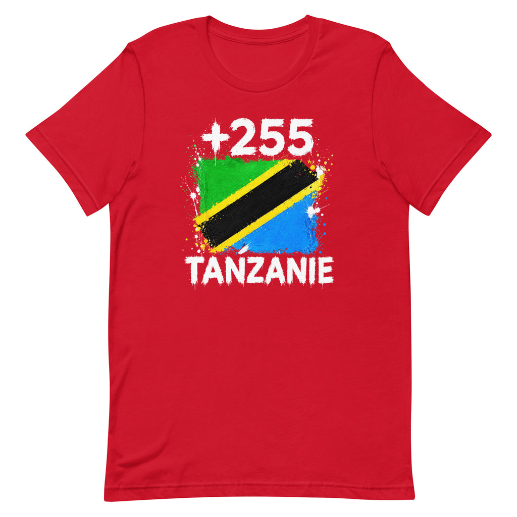 T-shirt Tanzanie +255 red vue de face, sérigraphie drapeau tanzanien