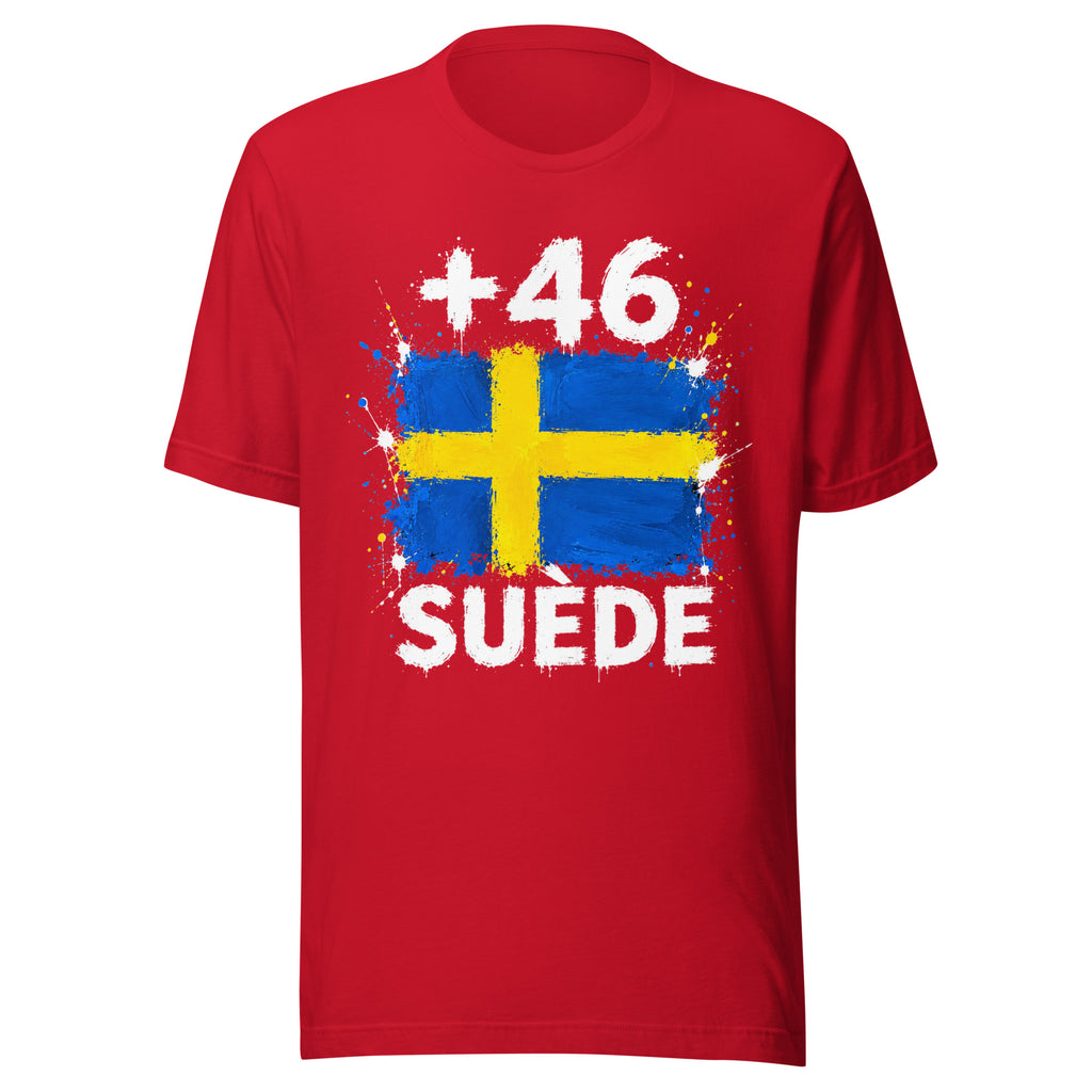T-shirt Suède +46 - Red, design drapeau suédois, vue de face - Indicatif Fier