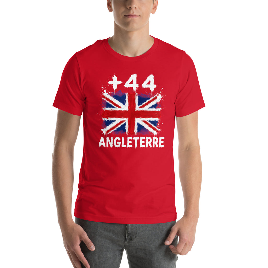 T-shirt Angleterre - Red, vue de face, éclaboussure drapeau Royaume-Uni +44 - Indicatif Fier