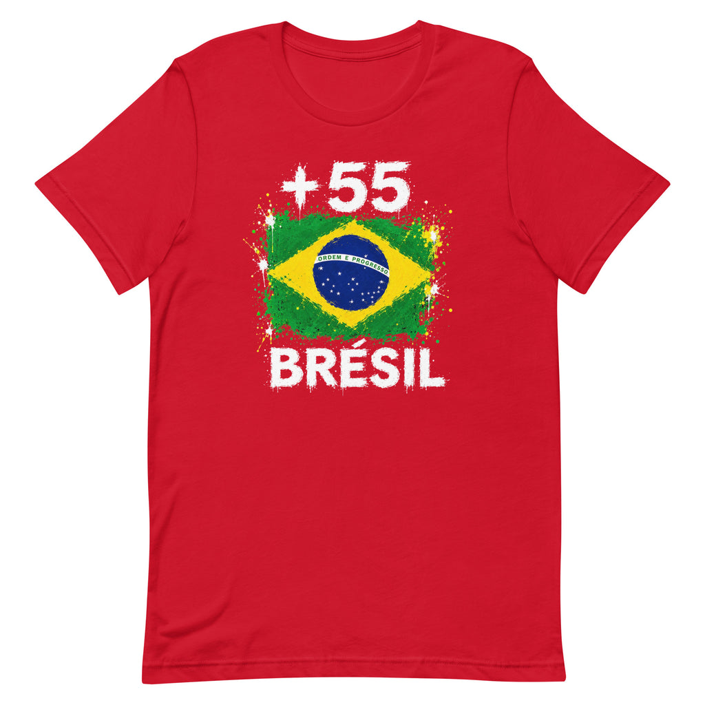 T-shirt Brésil +55 rouge vue de face, sérigraphie drapeau brésilien