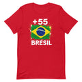 T-shirt Brésil +55 rouge vue de face, sérigraphie drapeau brésilien