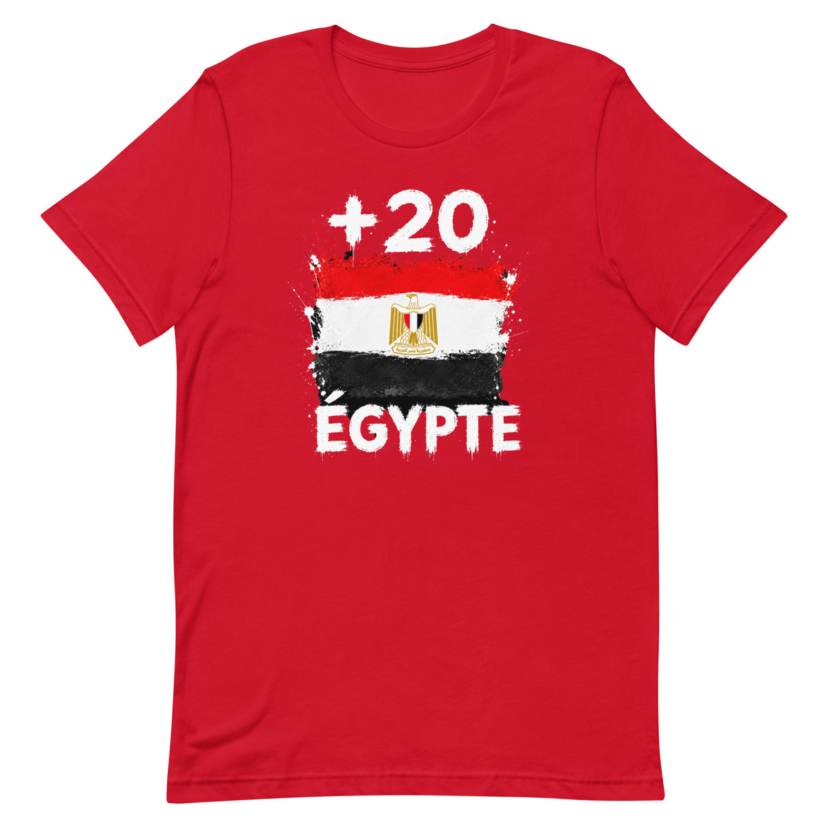 T-shirt Égypte +20 rouge vue de face, sérigraphie drapeau égyptien