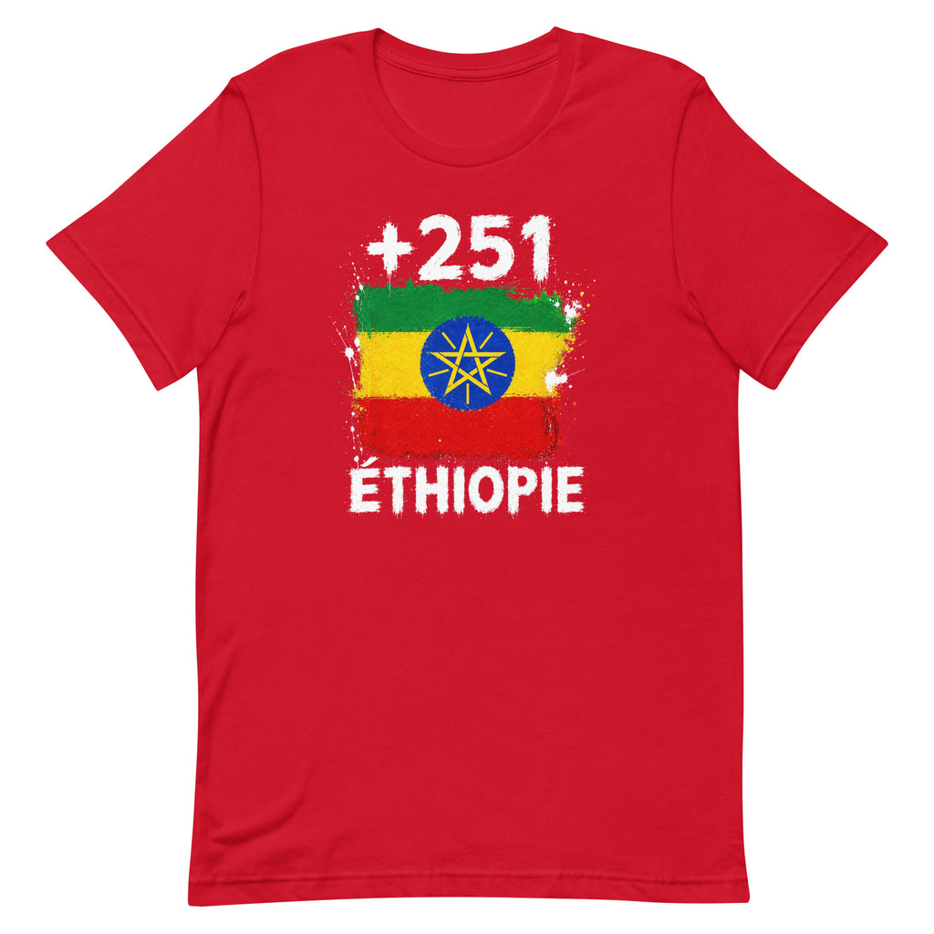 T-shirt Éthiopie +251 rouge vue de face, sérigraphie drapeau éthiopien