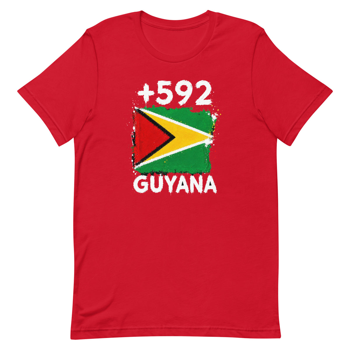 T-shirt Guyana +592 rouge vue de face, sérigraphie drapeau guyanien