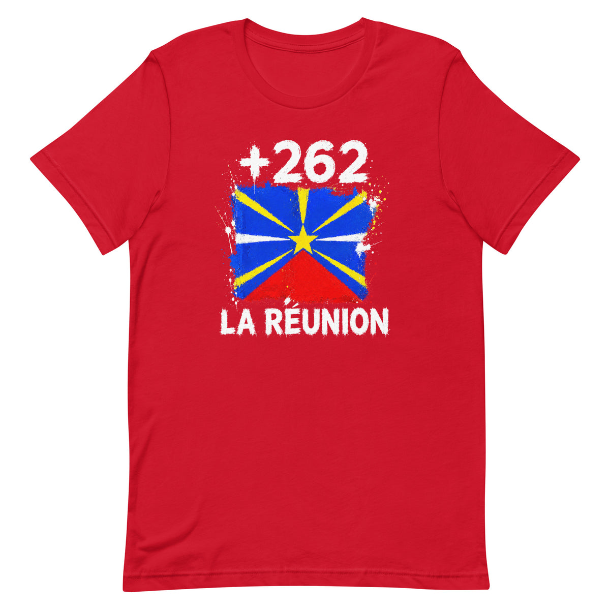 T-shirt La Réunion +262 rouge vue de face, sérigraphie drapeau réunionnais