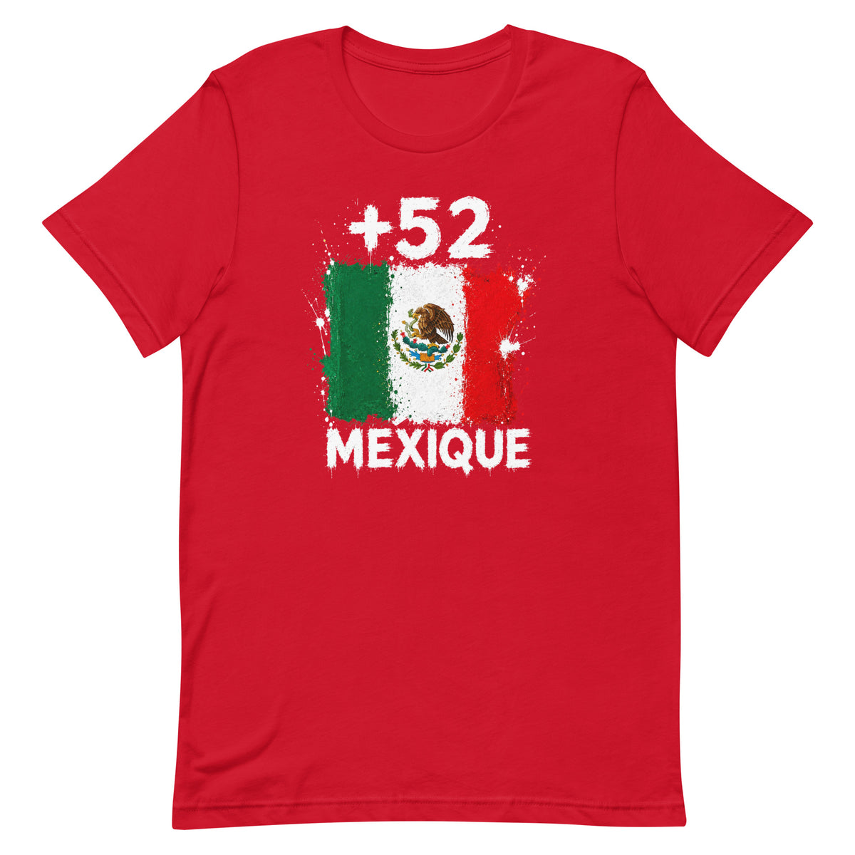T-shirt Mexique +52 rouge vue de face, sérigraphie drapeau mexicain
