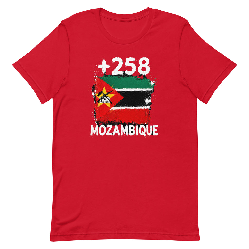 T-shirt Mozambique +258 rouge vue de face, sérigraphie drapeau mozambicain