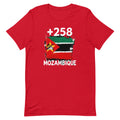 T-shirt Mozambique +258 rouge vue de face, sérigraphie drapeau mozambicain