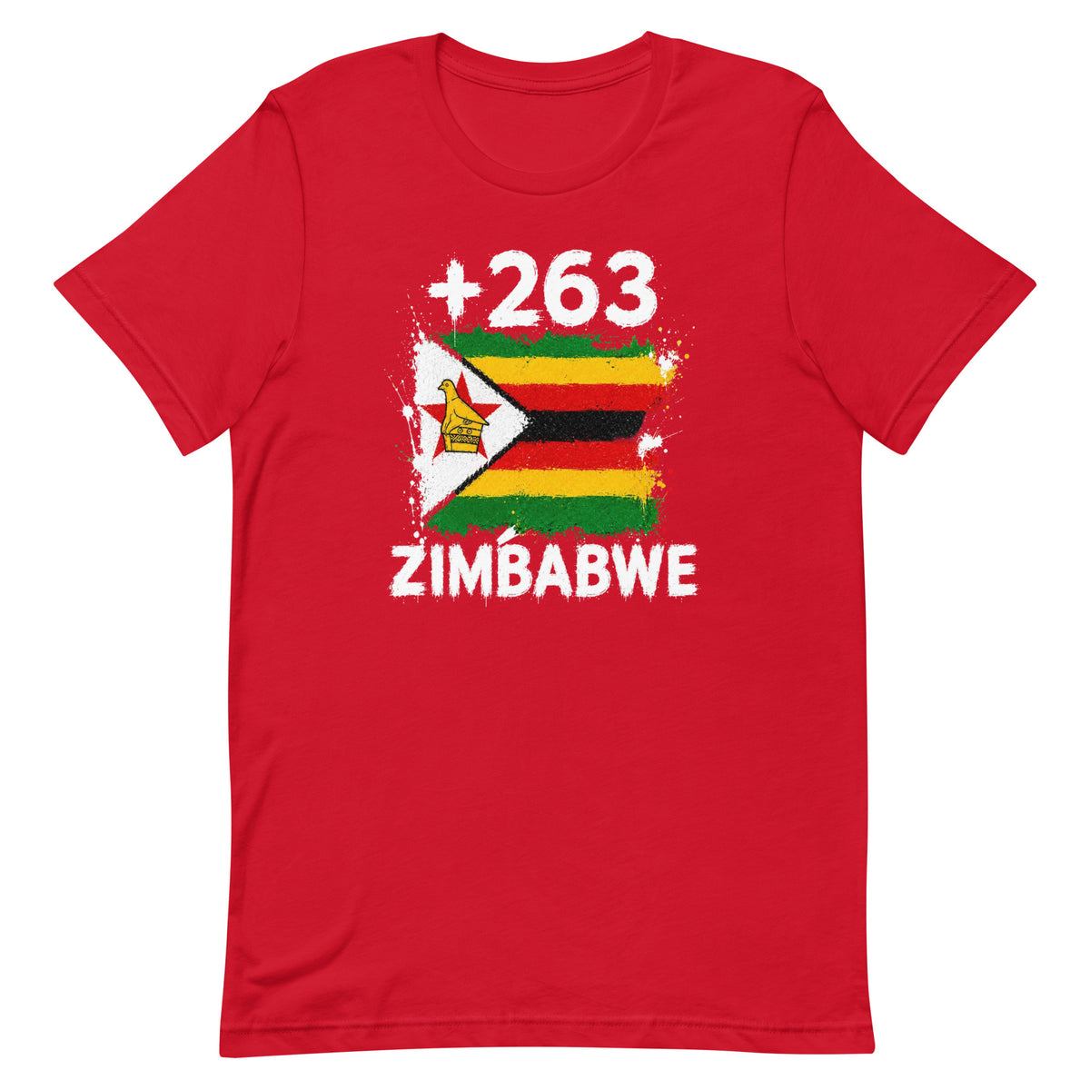 T-shirt Zimbabwe +263 rouge vue de face, sérigraphie drapeau zimbabwéen
