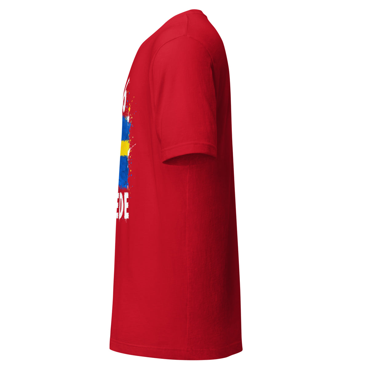 T-shirt Suède - Red avec drapeau floqué effet éclaboussure de peinture - vue de profil gauche - Indicatif Fier