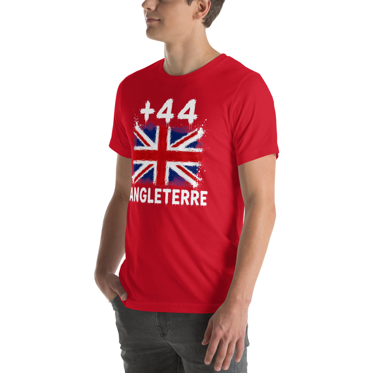 T-shirt Angleterre - Red avec drapeau floqué effet éclaboussure de peinture - vue de trois-quarts gauche - Indicatif Fier