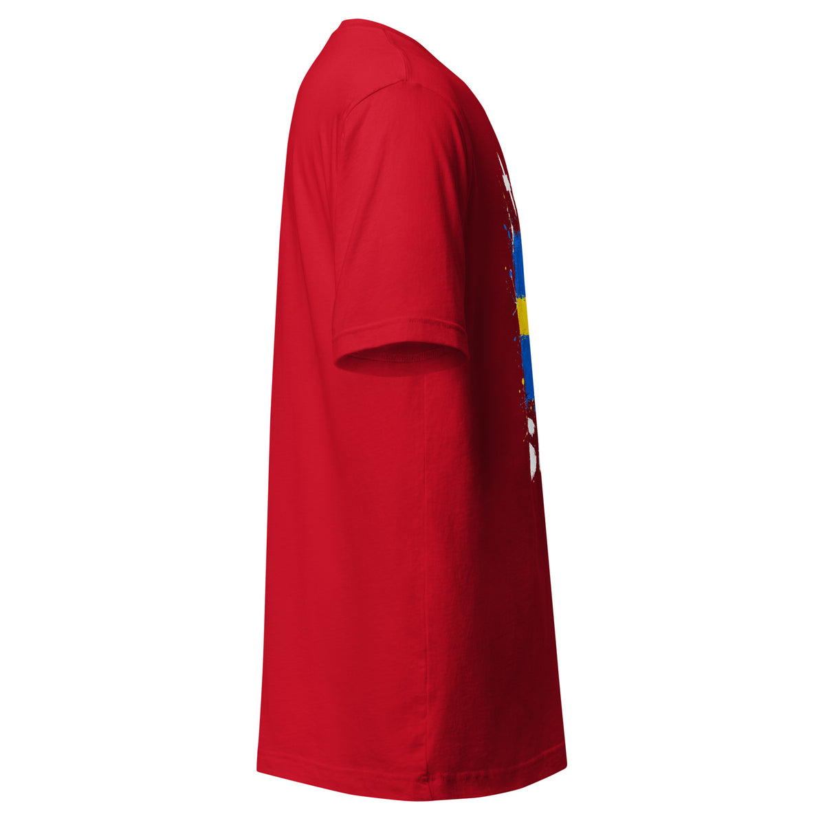 T-shirt Suède - Red avec drapeau floqué effet éclaboussure de peinture - vue de profil droit - Indicatif Fier