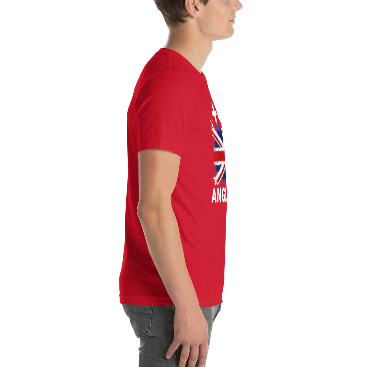 T-shirt Angleterre - Red avec drapeau floqué effet éclaboussure de peinture - vue de profil droit - Indicatif Fier