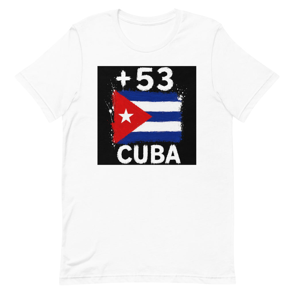 T-shirt Cuba +53 - Blanc avec drapeau floqué effet éclaboussure de peinture - vue de face - Indicatif Fier