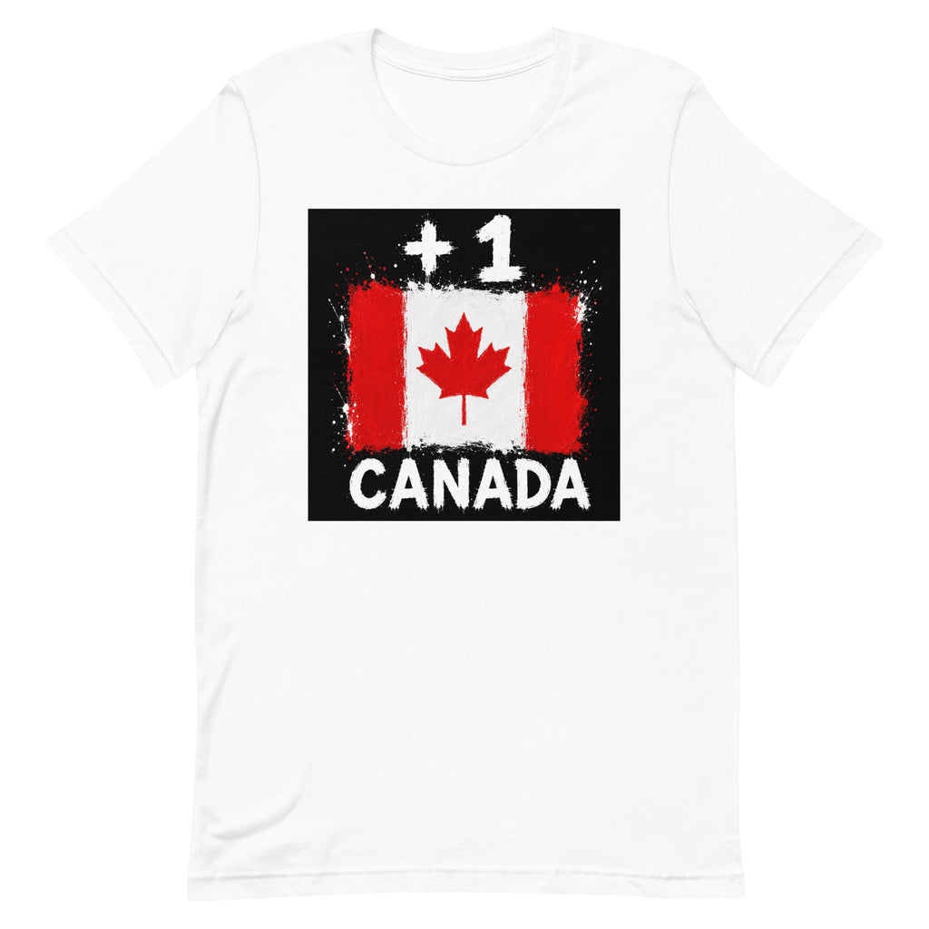 T-shirt Canada +1 - Blanc avec drapeau floqué effet éclaboussure de peinture - vue de face - Indicatif Fier