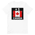 T-shirt Canada +1 - Blanc avec drapeau floqué effet éclaboussure de peinture - vue de face - Indicatif Fier