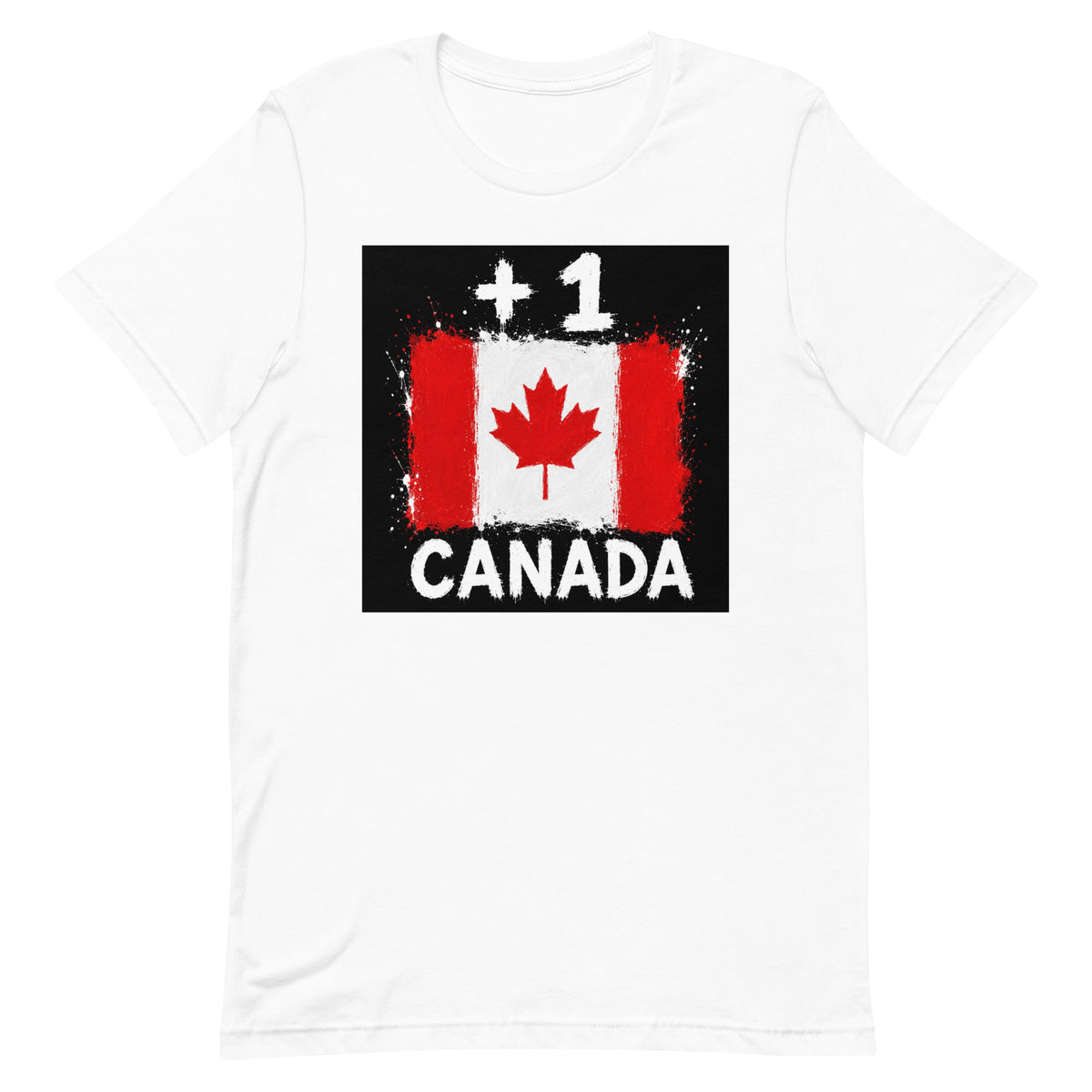 T-shirt Canada +1 - Blanc avec drapeau floqué effet éclaboussure de peinture - vue de face - Indicatif Fier