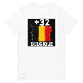 T-shirt Belgique +32 Blanc, design drapeau belge - vue de face