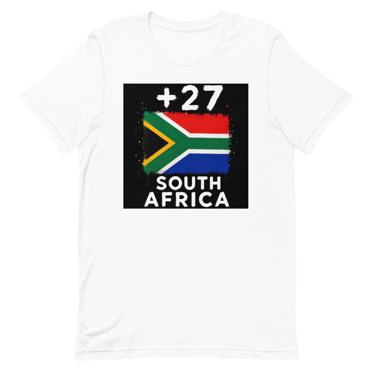 T-shirt Afrique du Sud +27 Blanc, design drapeau sud-africain - vue de face