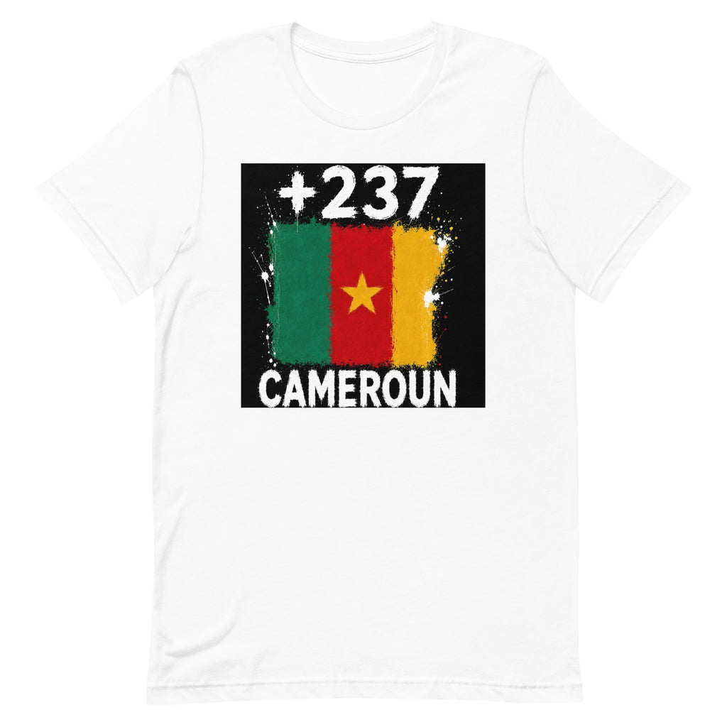 T-shirt Cameroun +237 Blanc, design drapeau camerounais - vue de face