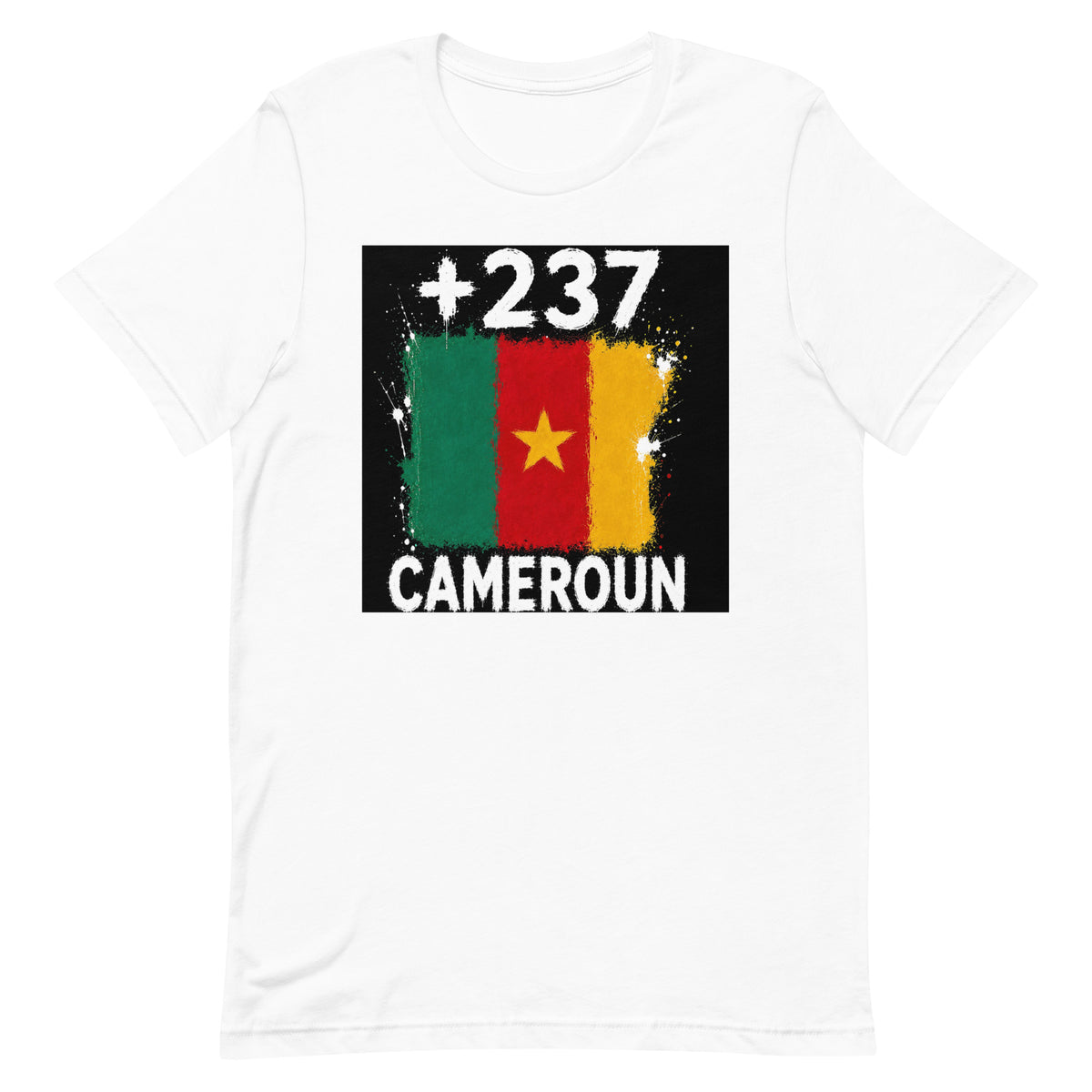 T-shirt Cameroun +237 Blanc, design drapeau camerounais - vue de face