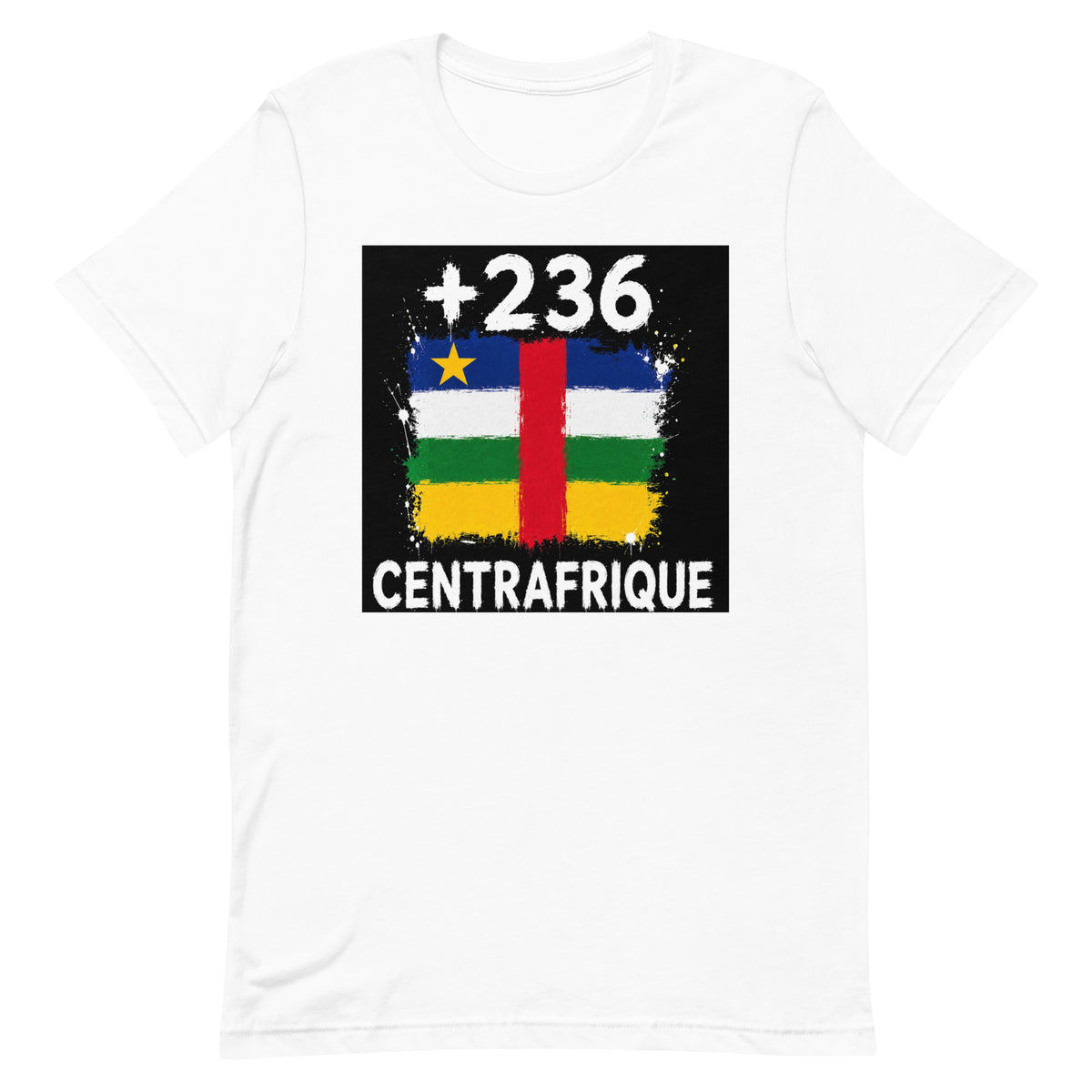 T-shirt Centrafrique +236 Blanc, design drapeau centrafricain - vue de face