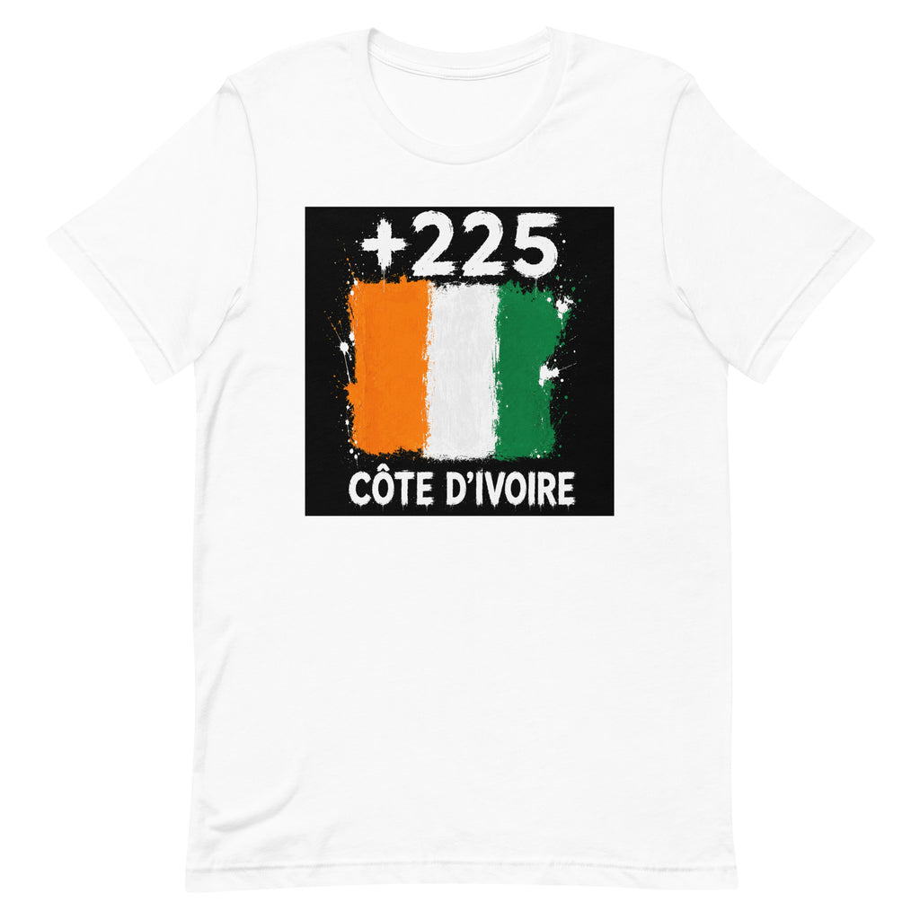 T-shirt Côte d'Ivoire +225 Blanc, design drapeau ivoirien - vue de face