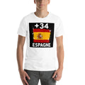 T-shirt Espagne +34 Blanc, design drapeau espagnol - vue de face