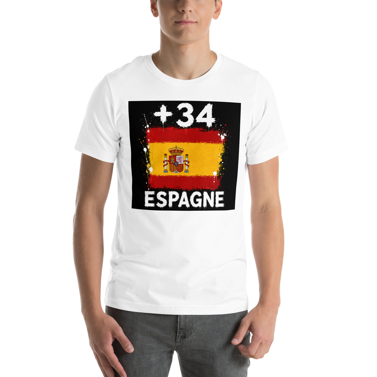T-shirt Espagne +34 Blanc, design drapeau espagnol - vue de face