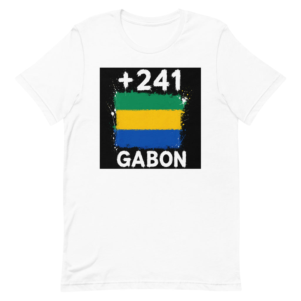 T-shirt Gabon +241 Blanc, design drapeau gabonais - vue de face
