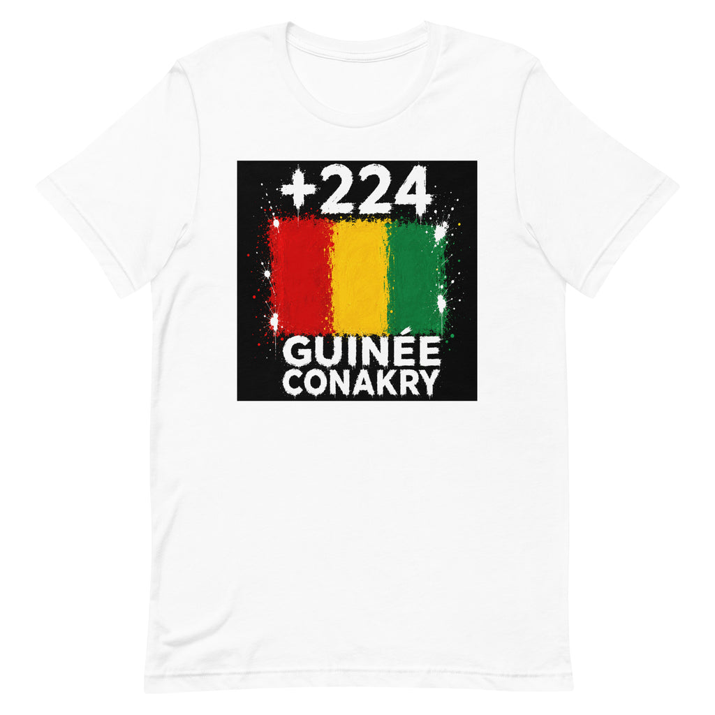 T-shirt Guinée-Conakry +224 Blanc, design drapeau guinéen - vue de face