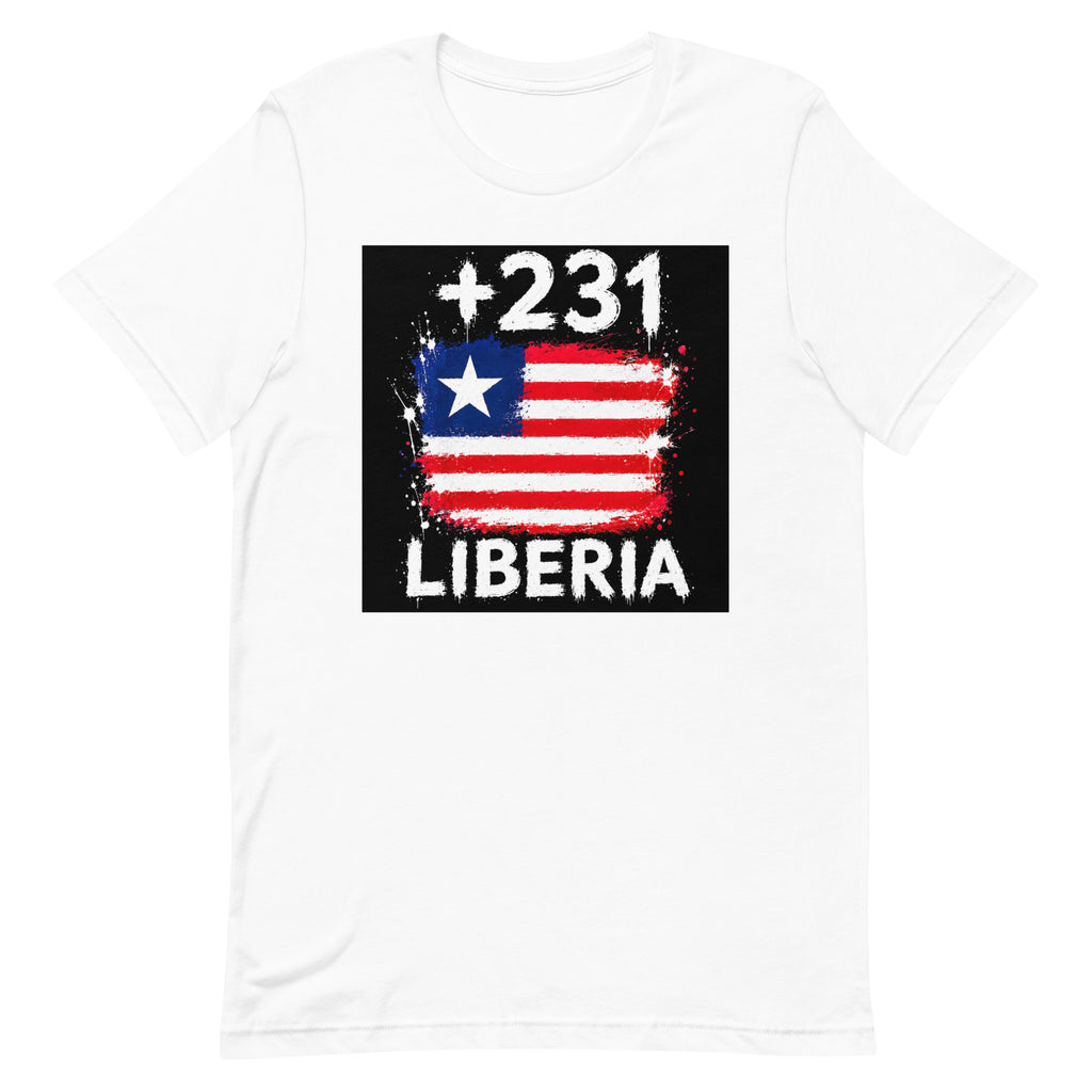 T-shirt Liberia +231 Blanc, design drapeau libérien - vue de face