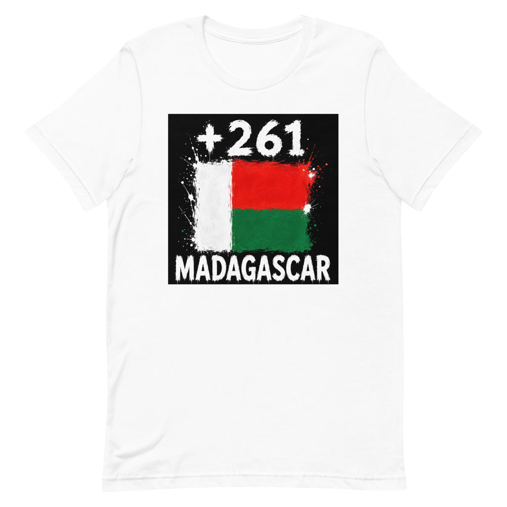 T-shirt Madagascar +261 Blanc, design drapeau malgache - vue de face