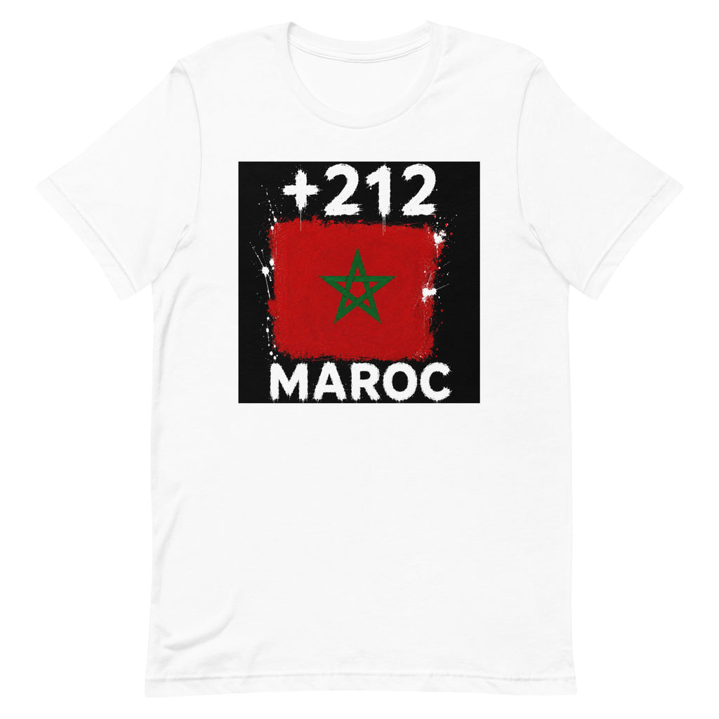 T-shirt Maroc +212 Blanc, design drapeau marocain - vue de face