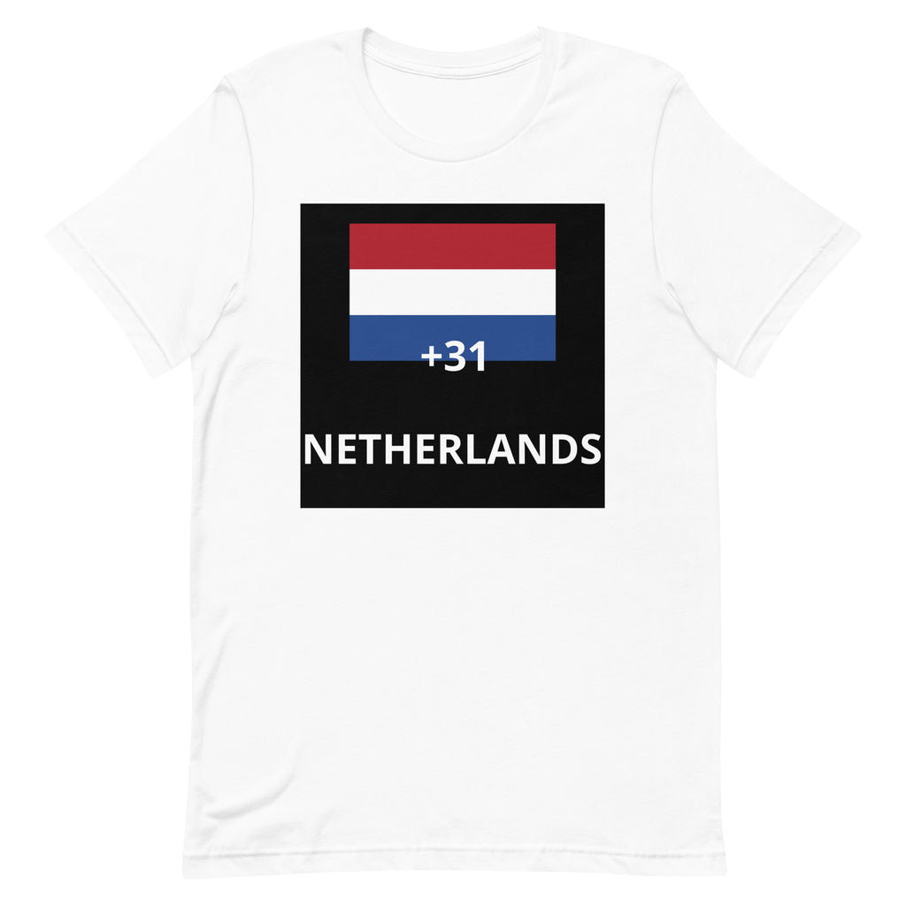 T-shirt Pays-Bas +31 Blanc, design drapeau néerlandais - vue de face