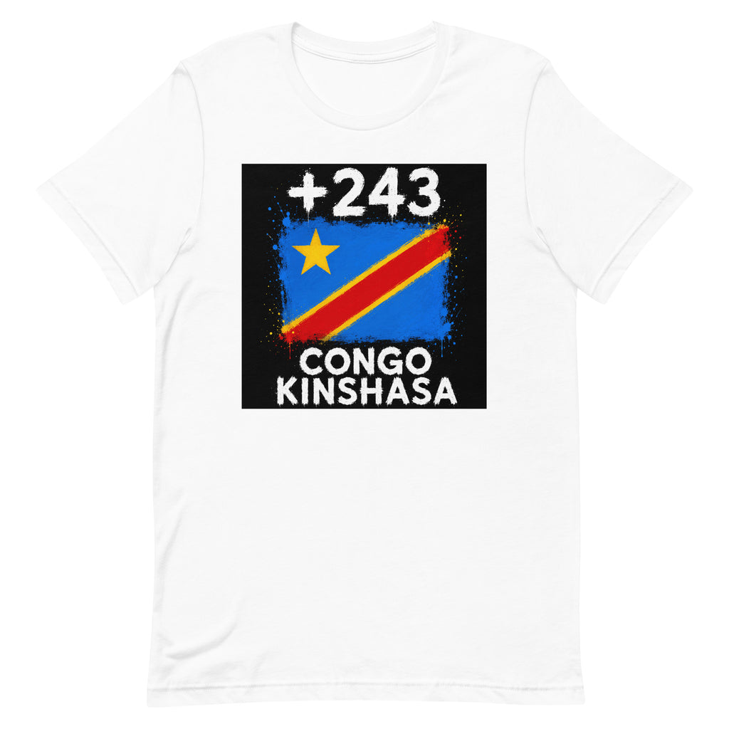 T-shirt RDC +243 Blanc, design drapeau congolais - vue de face