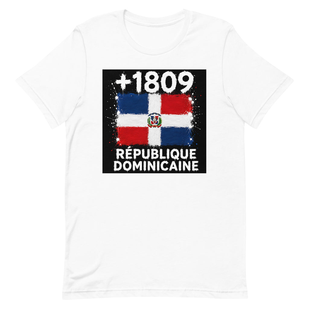 T-shirt République Dominicaine +1809 Blanc, design drapeau dominicain - vue de face