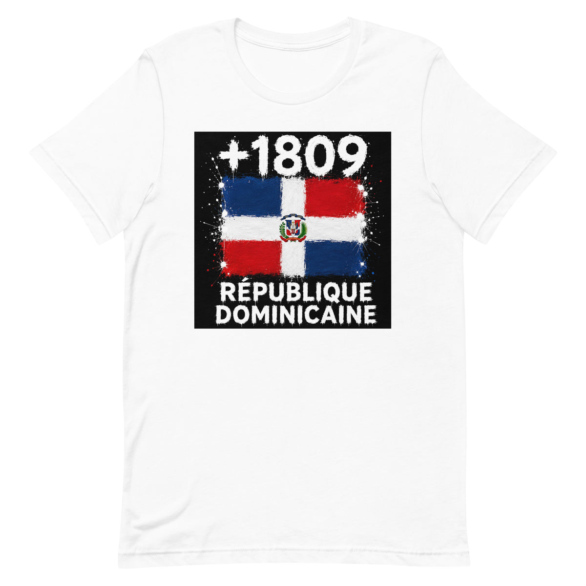 T-shirt République Dominicaine +1809 Blanc, design drapeau dominicain - vue de face