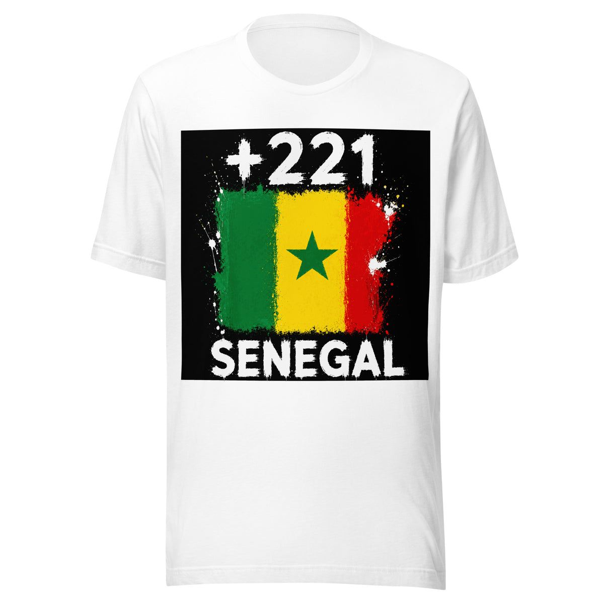 T-shirt Sénégal +221 Blanc, design drapeau sénégalais - vue de face