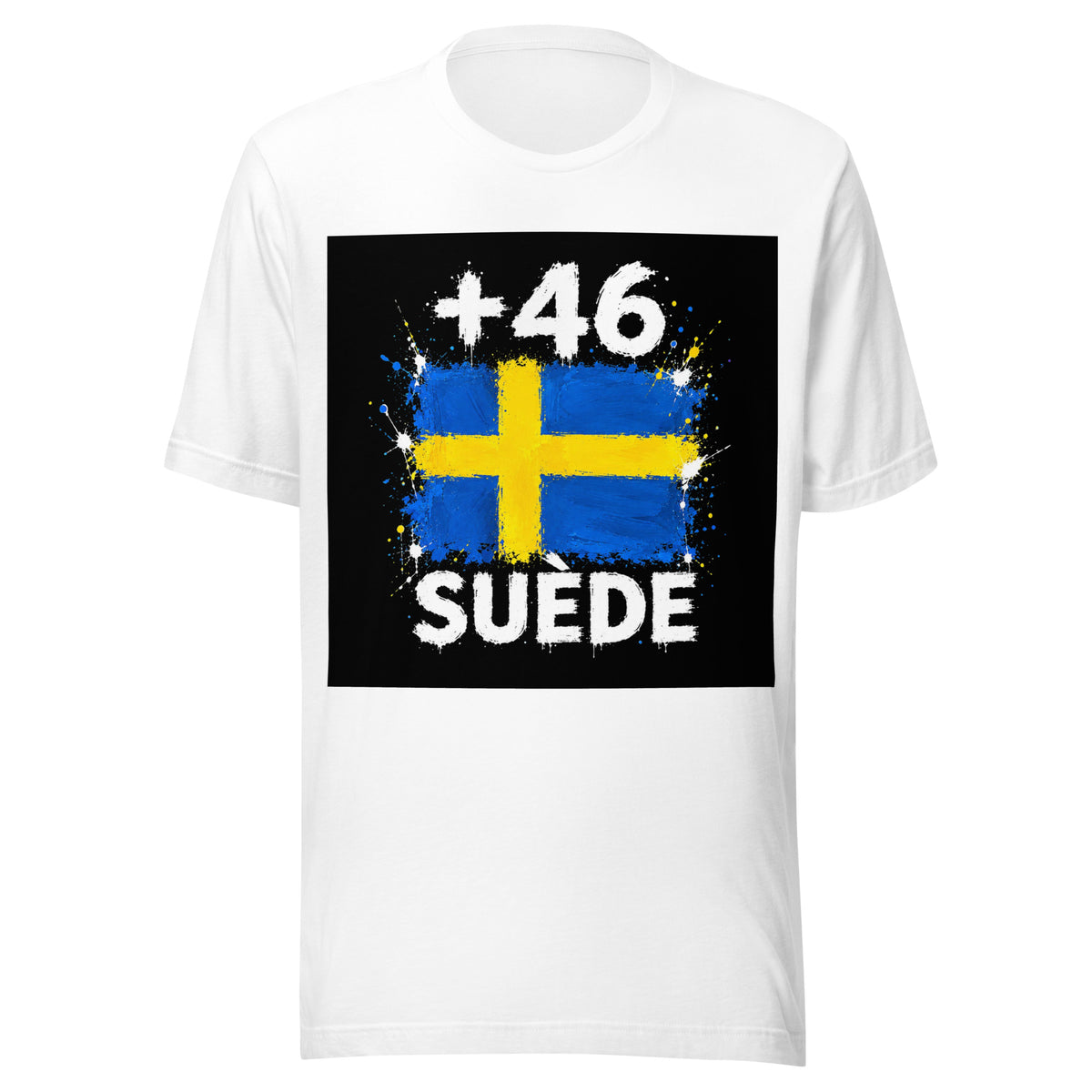 T-shirt Suède +46 Blanc, design drapeau suédois - vue de face