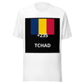 T-shirt Tchad +235 Blanc, design drapeau tchadien - vue de face