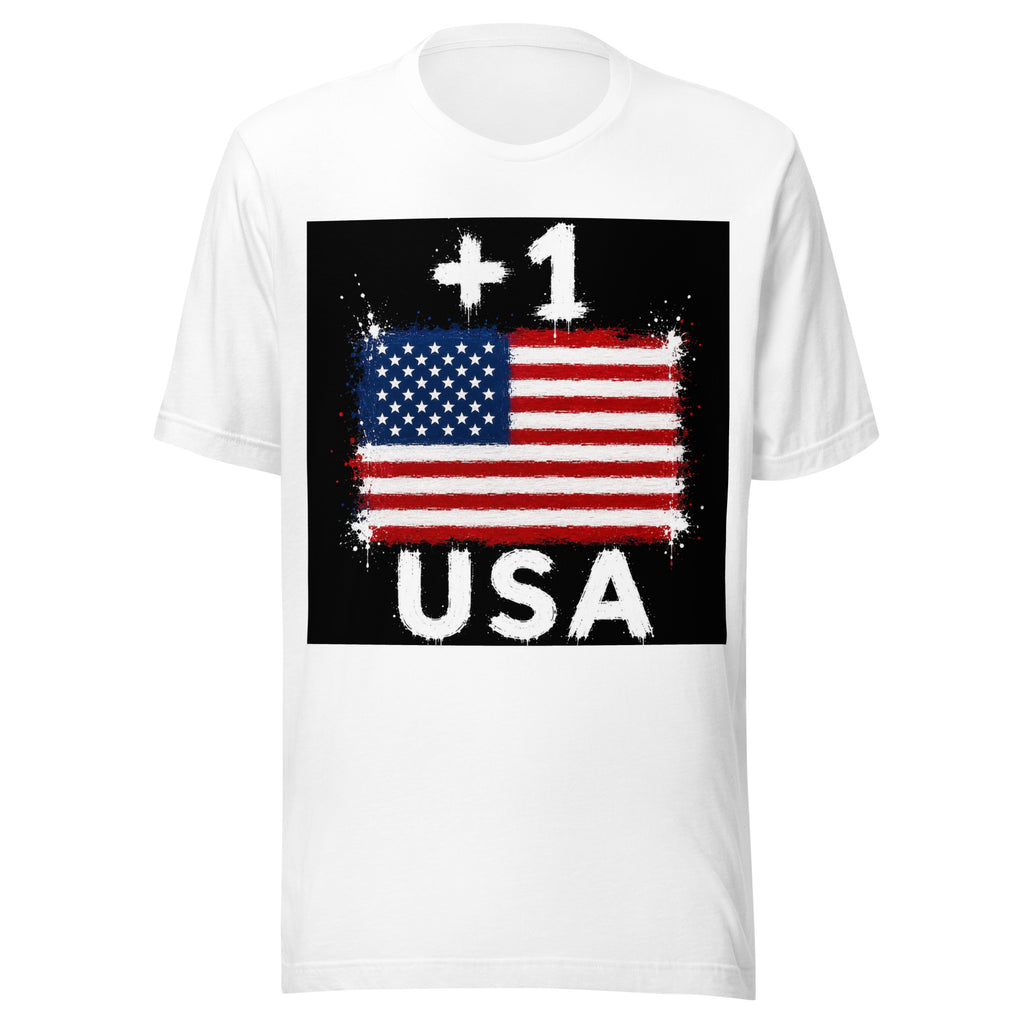 T-shirt USA +1 - Blanc avec drapeau floqué effet éclaboussure de peinture - vue de face - Indicatif Fier