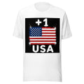 T-shirt USA +1 - Blanc avec drapeau floqué effet éclaboussure de peinture - vue de face - Indicatif Fier